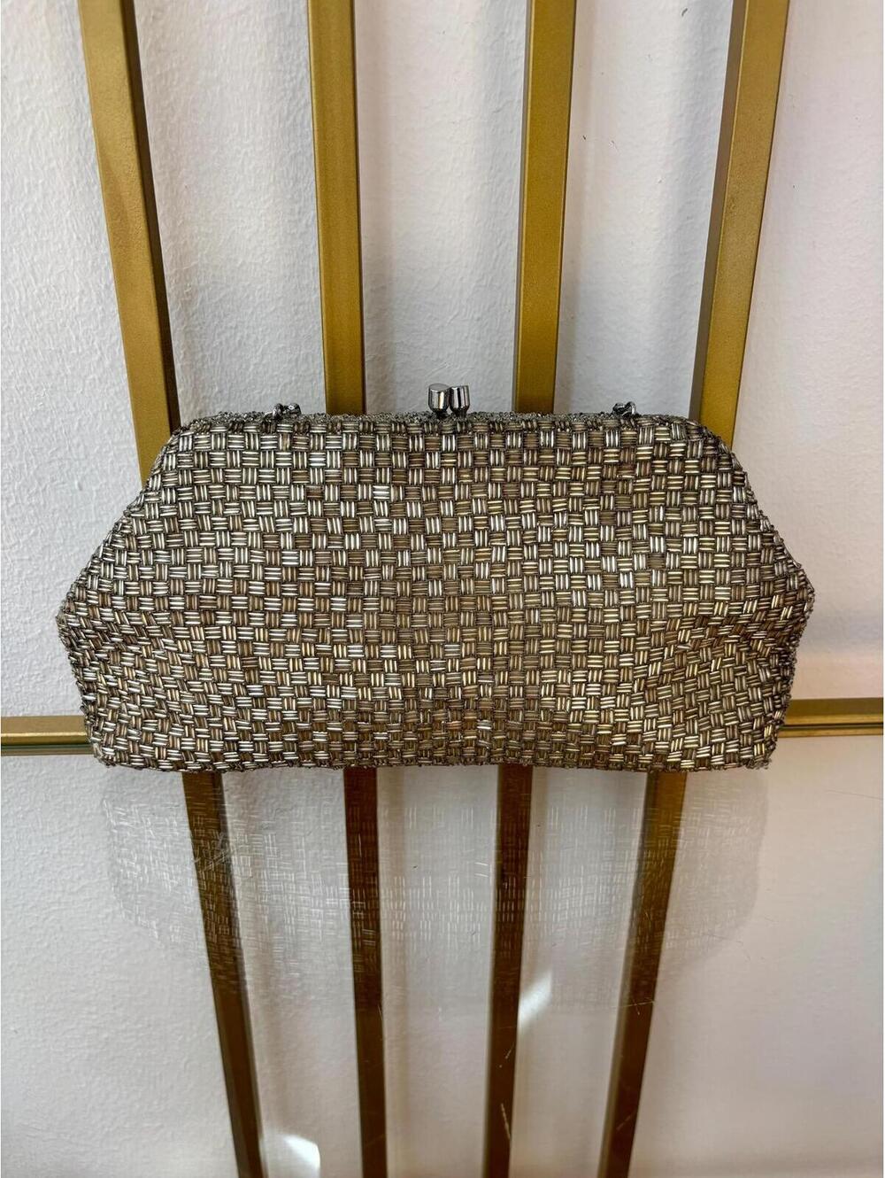 Vintage 1950s Silver Beaded Clutch Evening Bag
